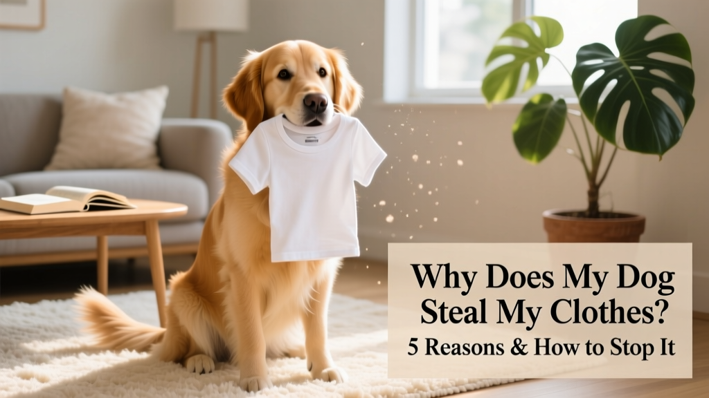 A curious dog gently holding a folded t-shirt in its mouth, sitting on a living room rug
