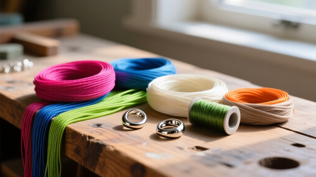 Spools of vibrant nylon beading cord and natural silk thread arranged next to stainless steel jewelry crimps on a wooden workbench.