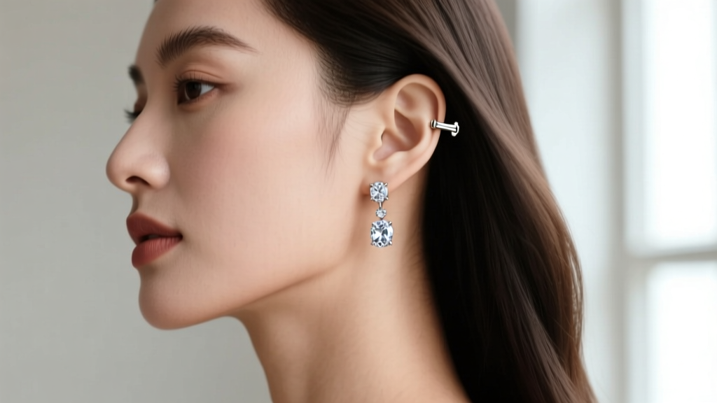 Side profile of a woman wearing diamond drop leverback earrings, highlighting the secure closure resting just below the earlobe