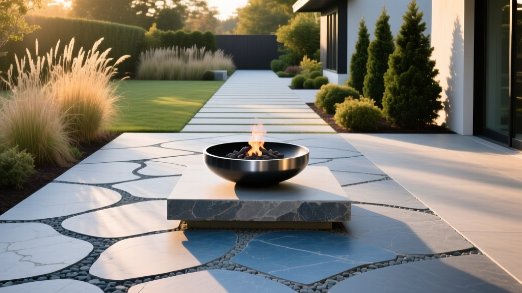 Modern backyard patio featuring a stamped ashlar slate concrete finish contrasting with natural bluestone pavers near a steel fire pit.