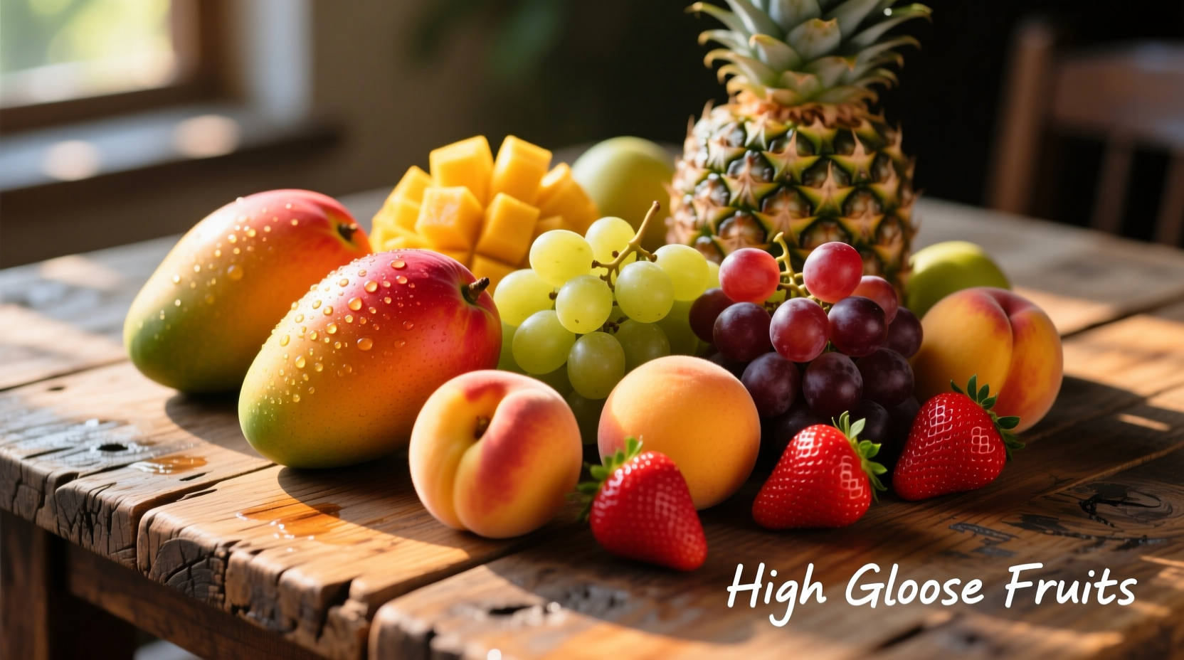 Colorful assortment of high-glucose fruits on wooden table