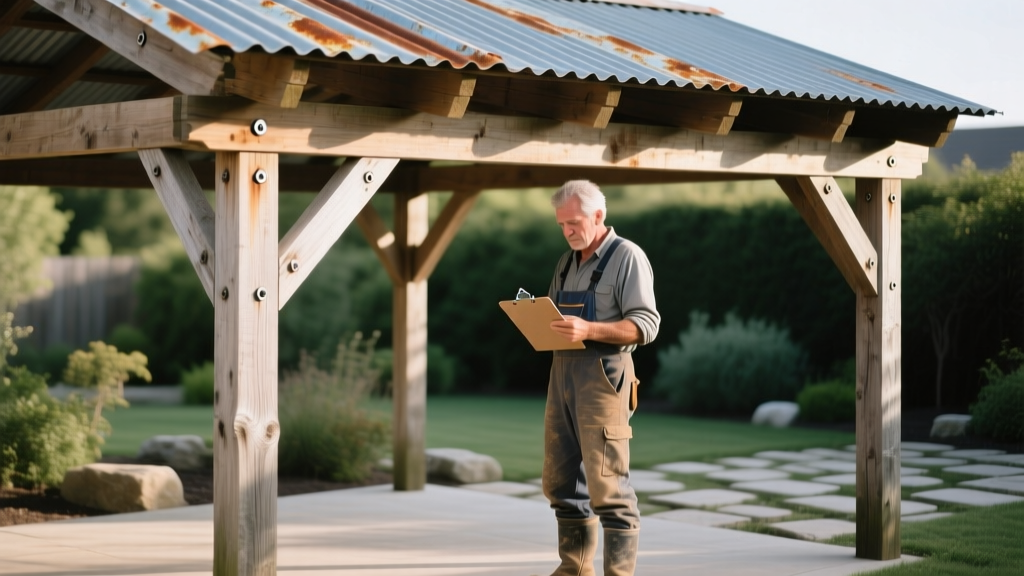 Weathered wooden pergola with a corrugated metal roof showing minor rust spots and loose fasteners being inspected by a contractor with a clipboard