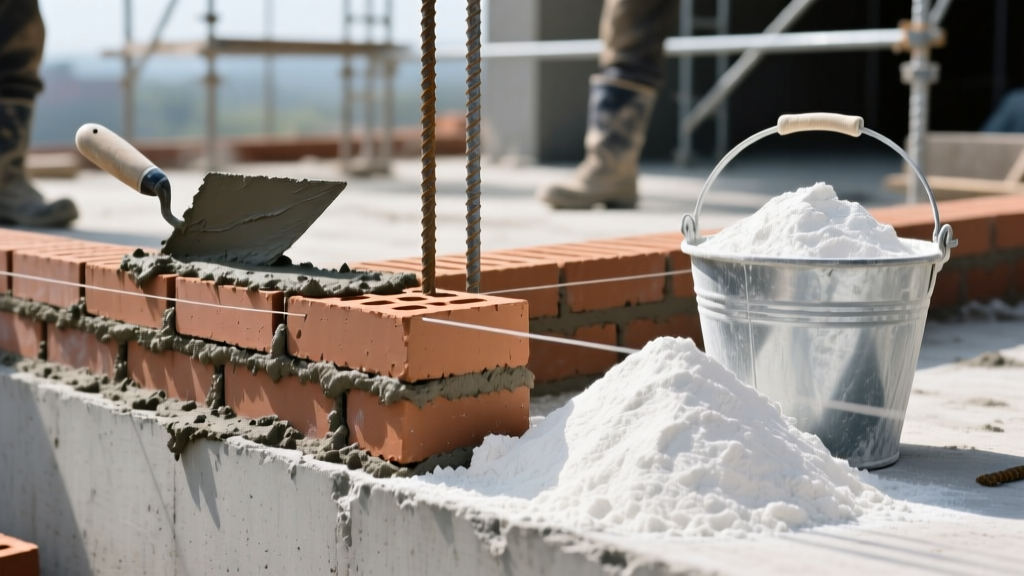 Troweled bricklaying mortar joints beside a poured concrete footing and a pile of dry Portland cement powder on an active job site
