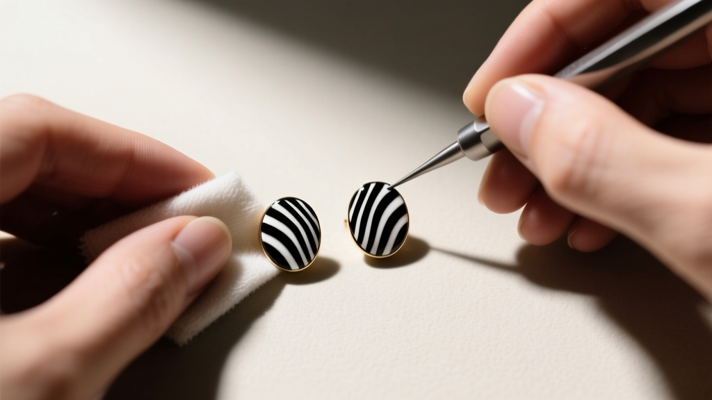 Overhead shot of a jeweler using a microfiber cloth and specialized enamel cleaner to polish black and white zebra pattern studs