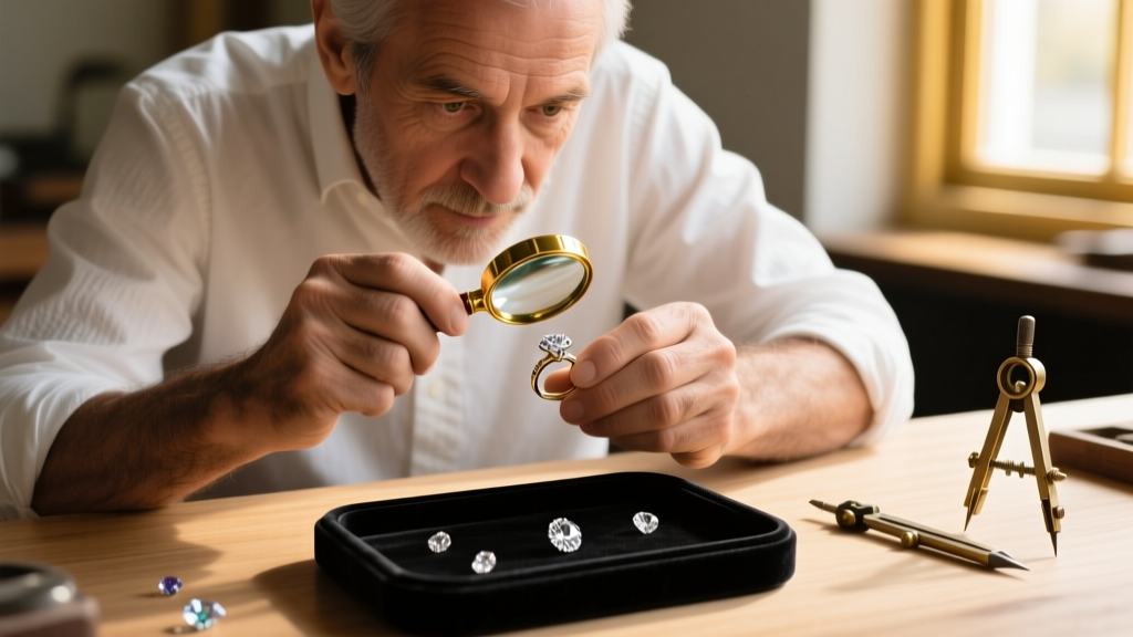 Close-up of a jeweler's loupe examining a laser-welded jump ring on a delicate 14k white gold chain drop earring.