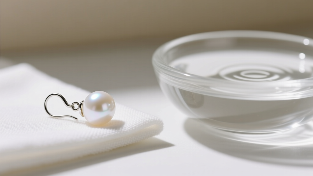 Macro shot of a white Akoya stick pearl earring resting on a microfiber cloth beside a bowl of distilled water in soft light.