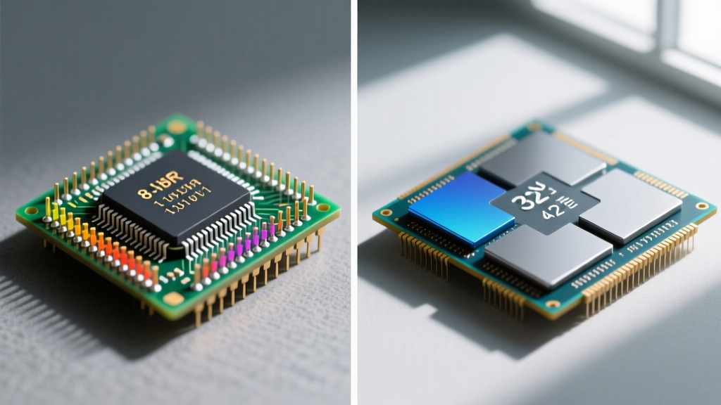 Memory alignment comparison showing 1-byte packing on 8-bit AVR versus 4-byte boundary alignment on 32-bit ARM processors.