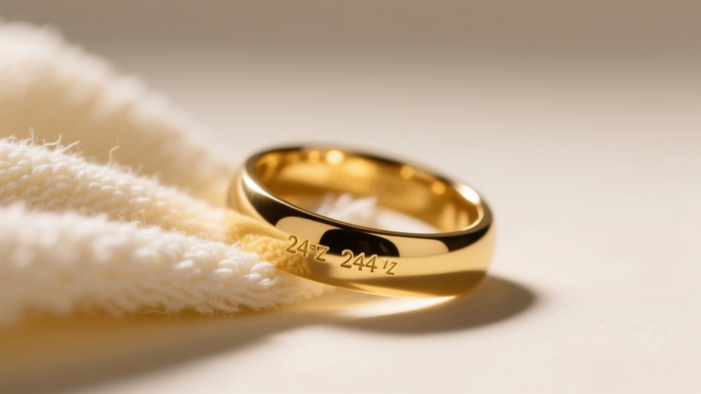 Soft microfiber cloth gently wiping a 24k gold memorial ring, highlighting the rich yellow hue and soft luster of pure gold.