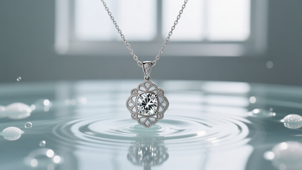 Macro shot of an Edwardian platinum diamond pendant necklace submerged in a mild distilled water and gentle soap solution