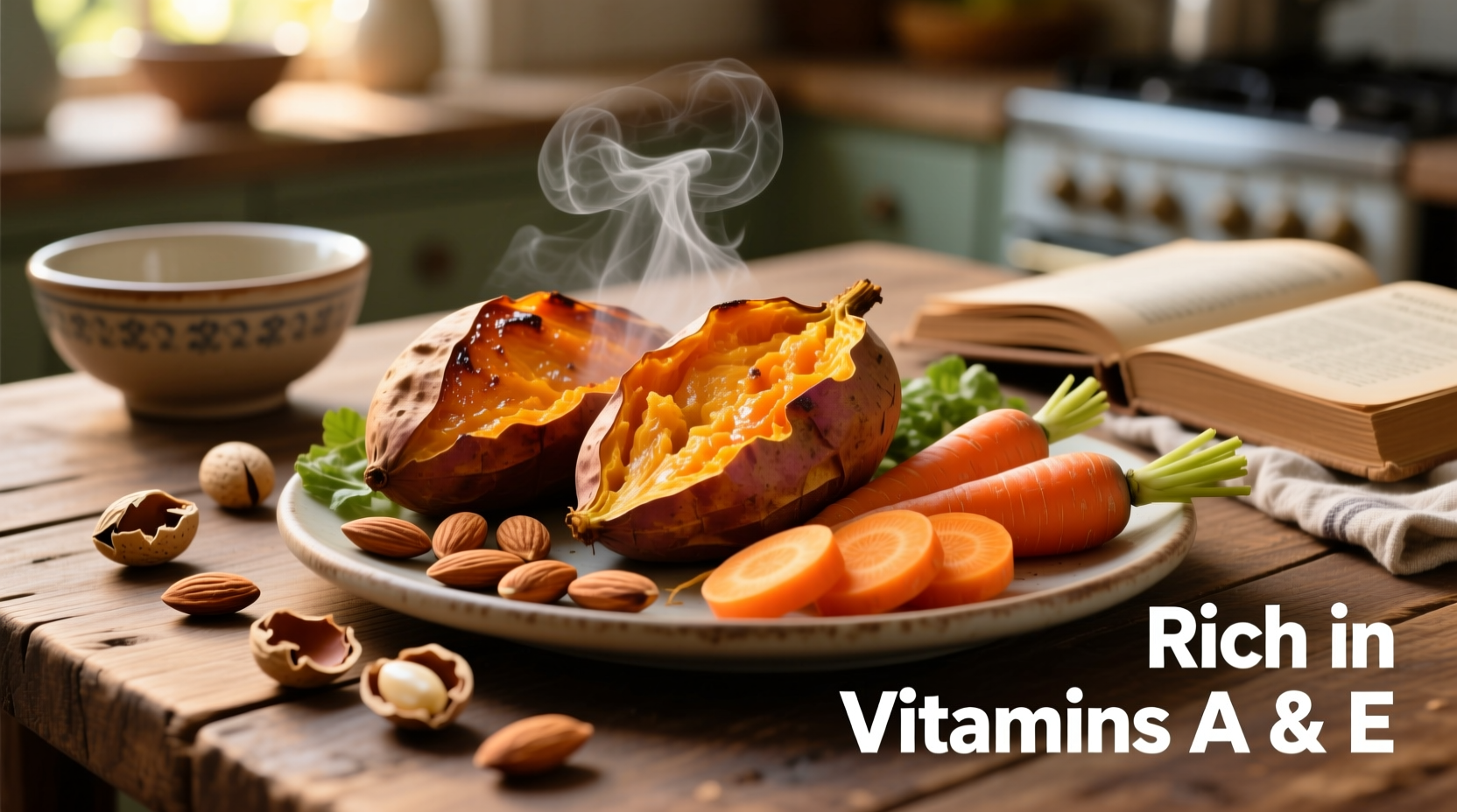 Colorful display of vitamin A and E rich foods including sweet potatoes, carrots, and almonds