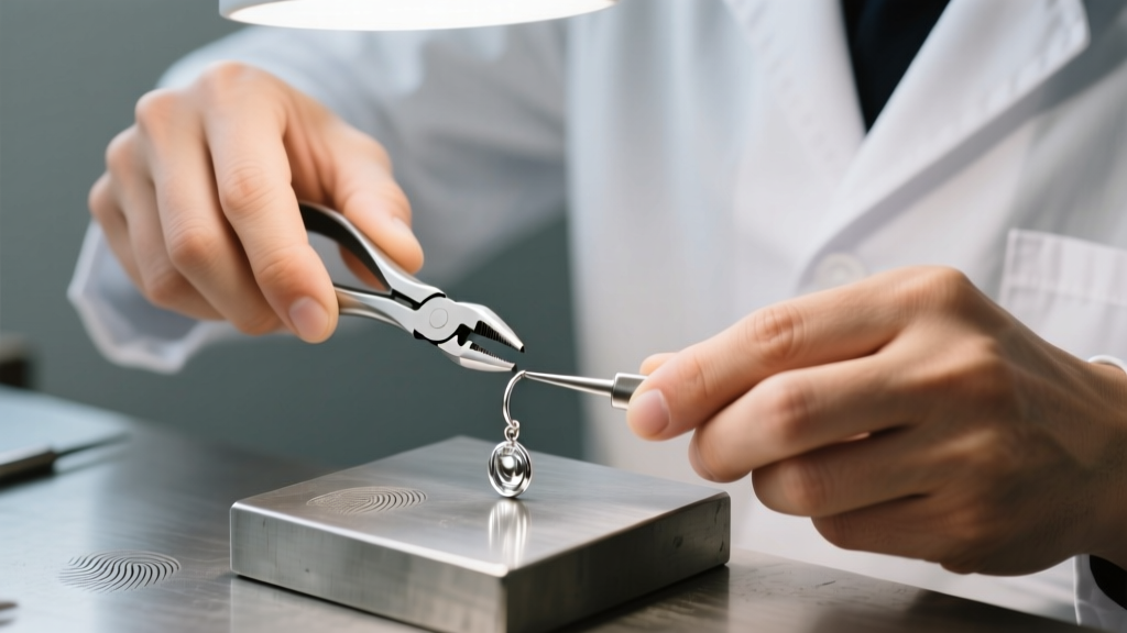 Jeweler using nylon-jaw pliers to carefully straighten a bent 20-gauge sterling silver earring post on a steel bench block.
