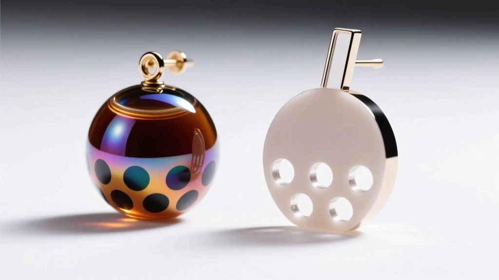 Close-up of glossy epoxy resin boba earring next to matte laser-cut acrylic boba earring under bright, diffused studio light.