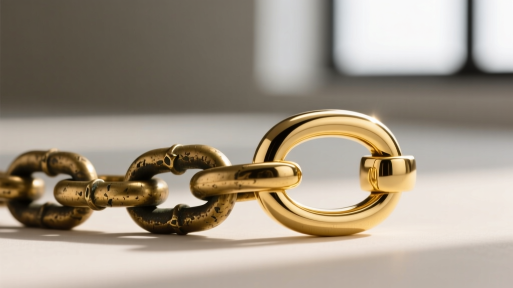 Macro shot of a dull brass chain next to a pristine 18k gold vermeil clasp, showing metal quality and plating differences.