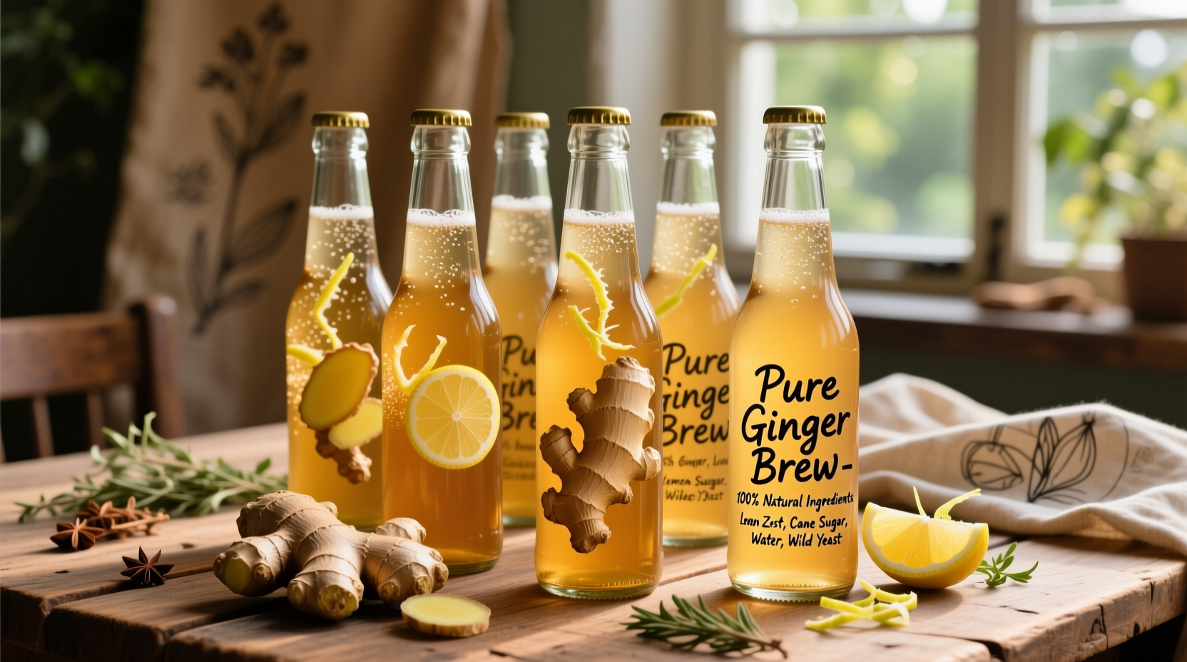 Ginger beer bottles with natural ingredients