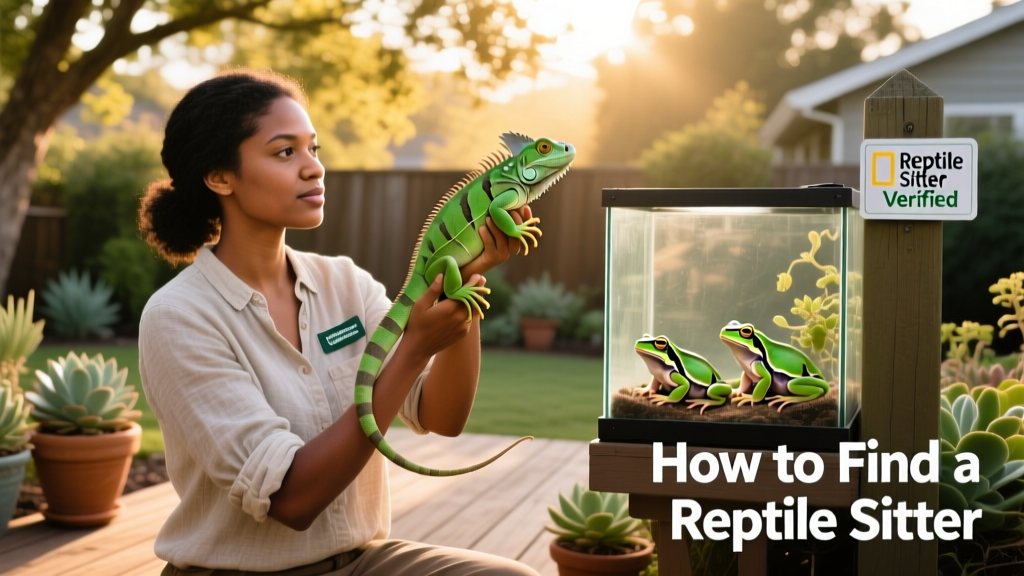 A sitter confidently handling a lizard while monitoring a nearby frog enclosure