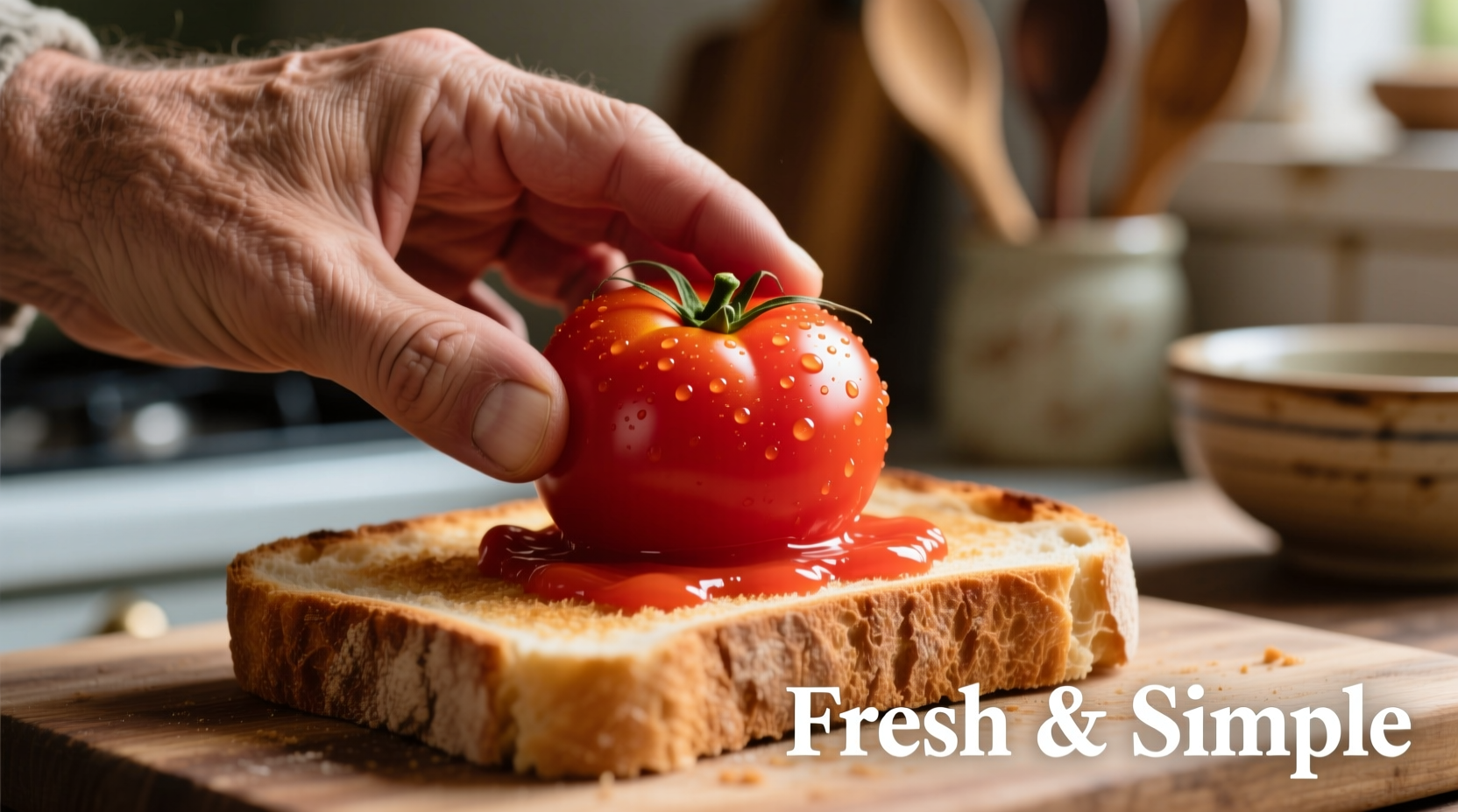 Hand rubbing ripe tomato on toasted bread slice