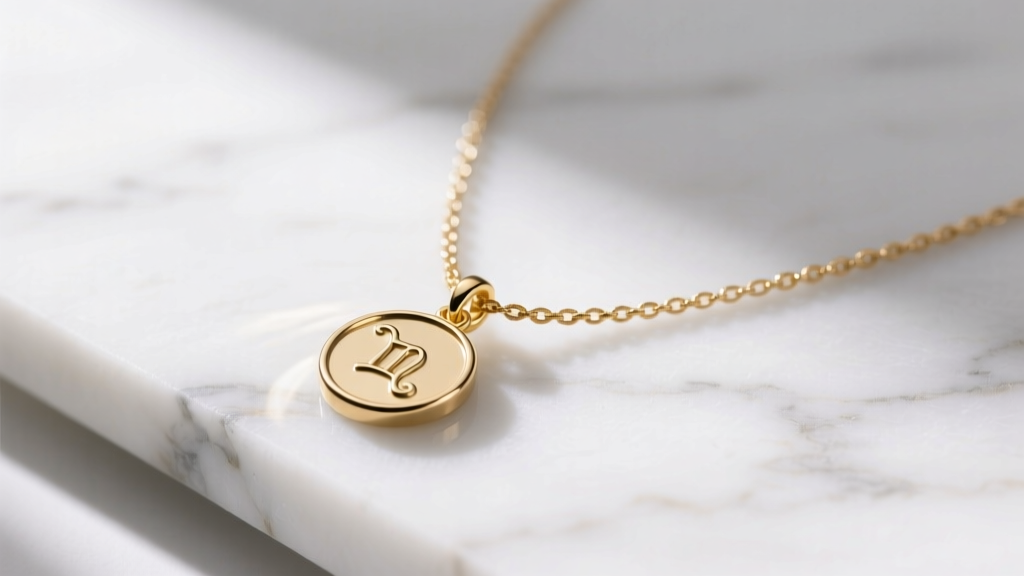 Close-up of a dainty gold charm necklace on white marble, soft light highlighting a zodiac pendant and a delicate cable chain.