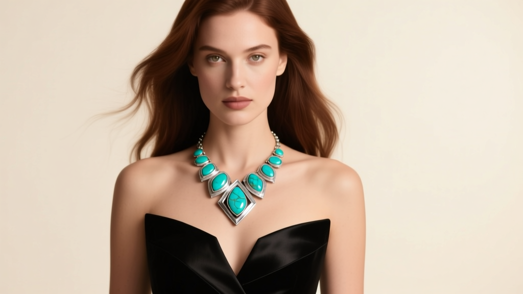 Elegant woman in a black evening gown wearing a natural Kingman turquoise and sterling silver statement necklace, soft studio lighting.