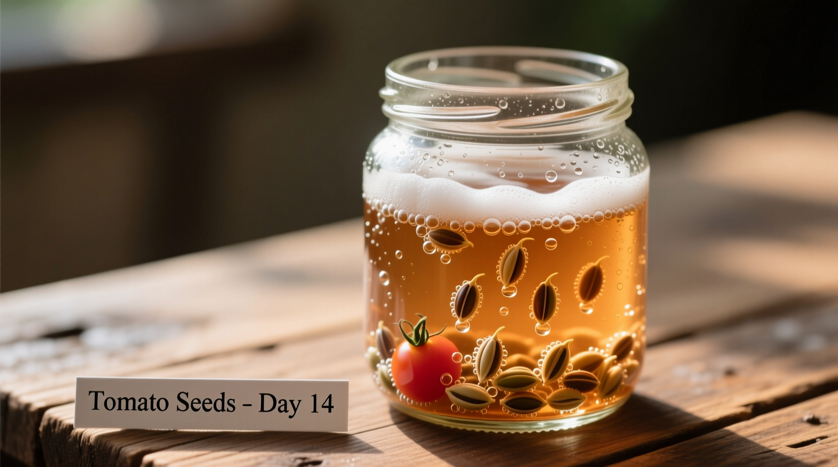 Tomato seeds in glass jar during fermentation process