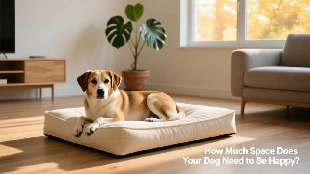 A calm, medium-sized dog resting comfortably on a soft bed in a sunlit living room with minimal furniture