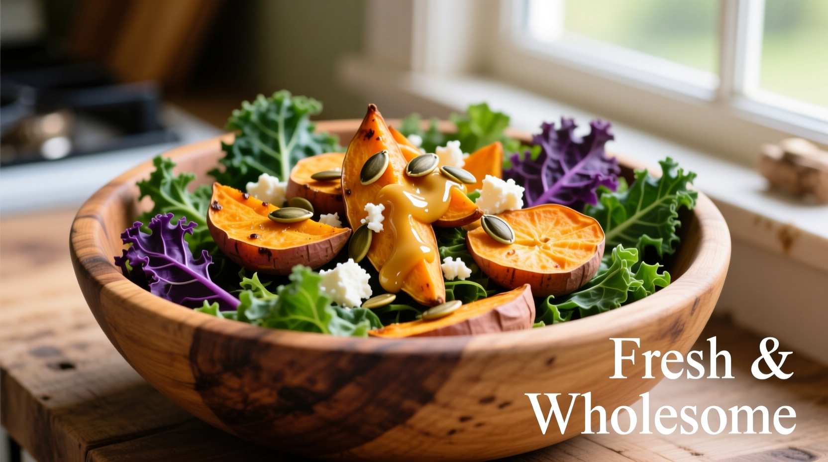 Colorful kale and sweet potato salad in wooden bowl