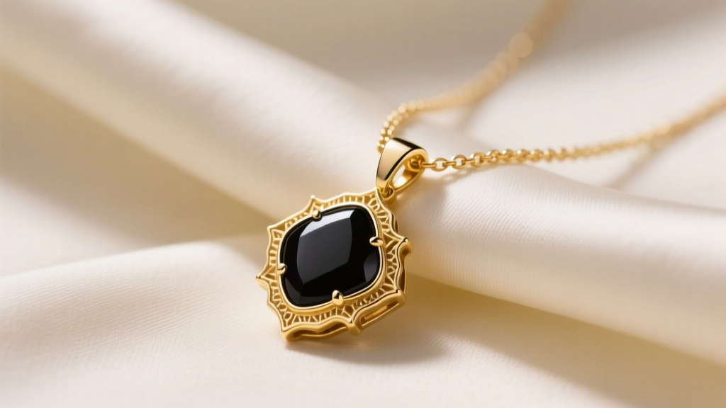 Macro shot of an 18k yellow gold VCA necklace with black onyx Alhambra motif resting on cream silk in soft lighting.