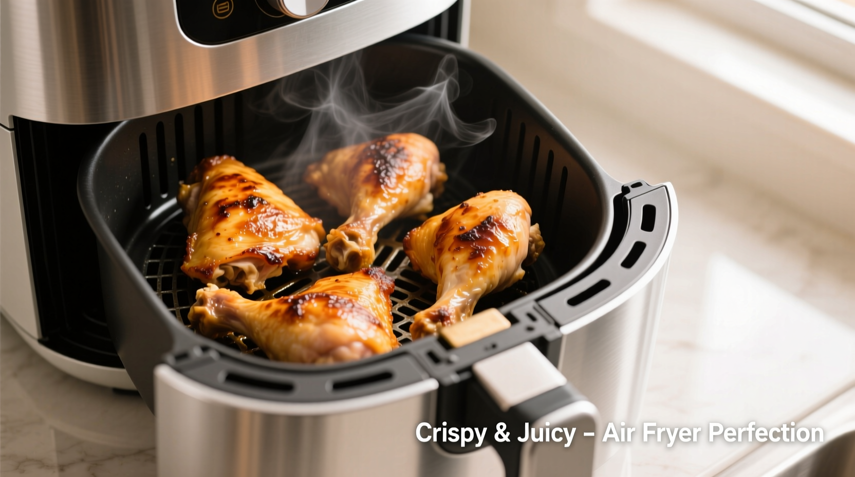 Perfectly cooked golden brown chicken thighs in air fryer basket