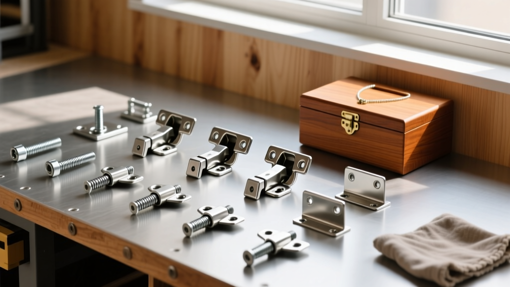 Overhead view of steel toggle bolt drywall anchors and mounting brackets on a workbench beside a wooden wall-mounted jewelry box.