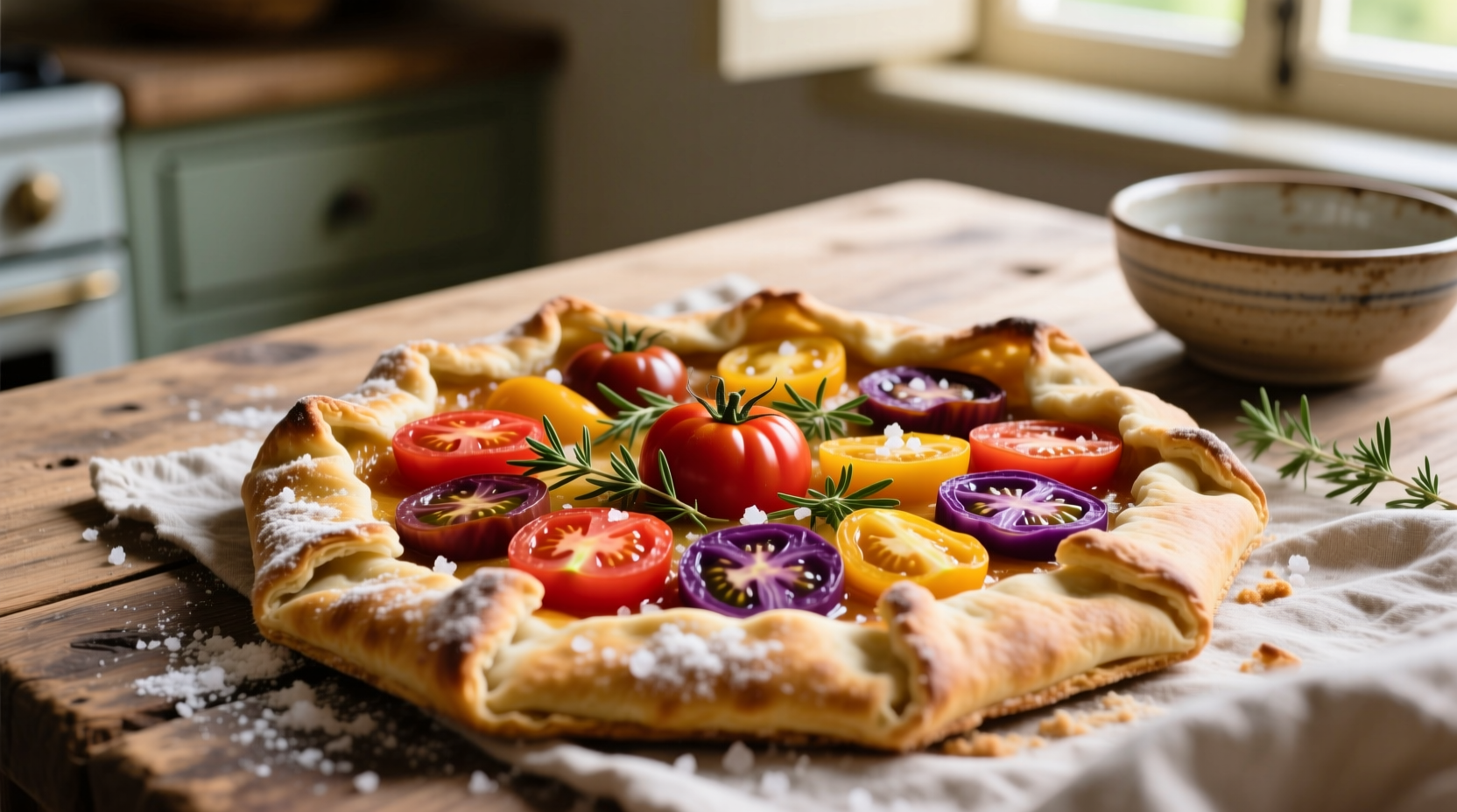 Rustic tomato galette with golden pastry and heirloom tomatoes