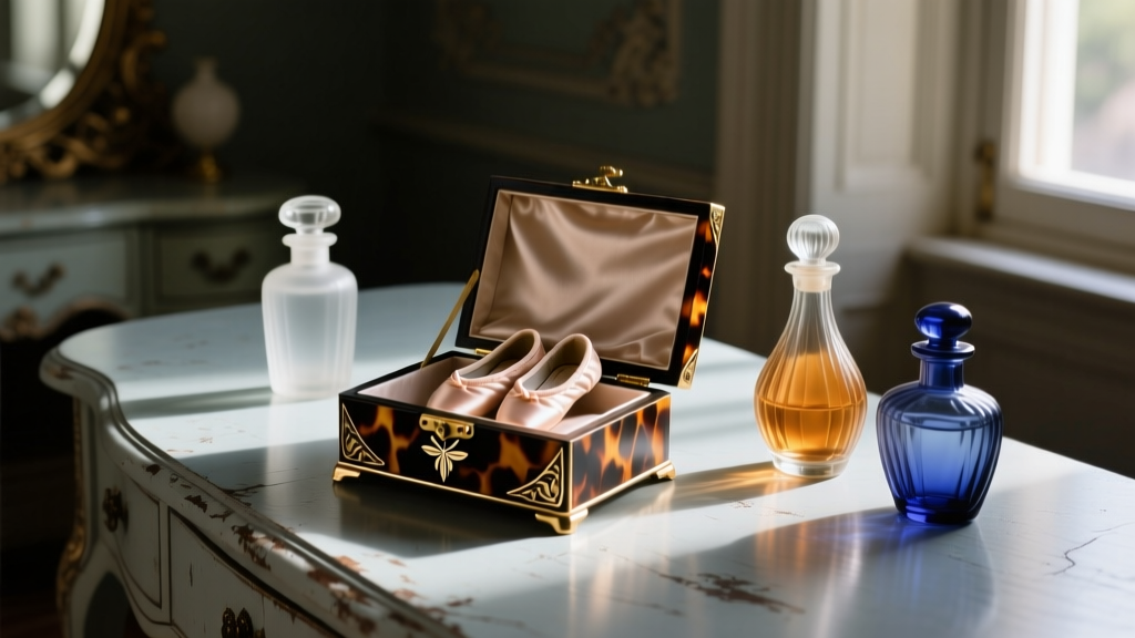 Moody vanity table displaying a tortoiseshell and brass inlay antique ballerina jewelry box beside vintage glass perfume bottles