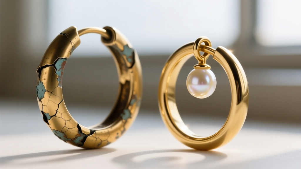 Macro shot comparing a brass hoop with peeling plating next to a solid 14k gold hoop featuring a secure, soldered pearl drop