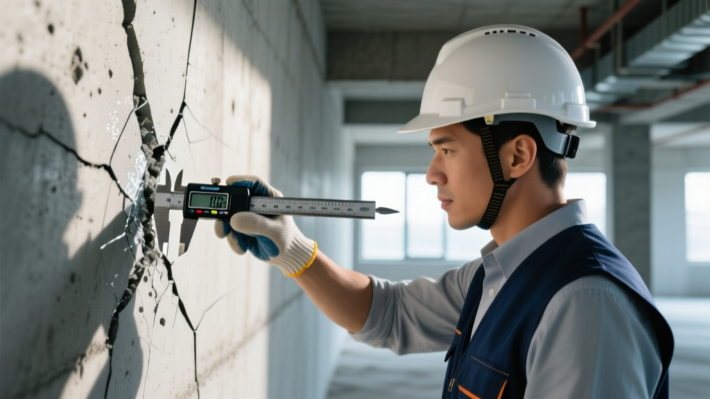 Close-up of a structural engineer measuring a diagonal stair-step crack in a poured concrete basement wall with a digital caliper