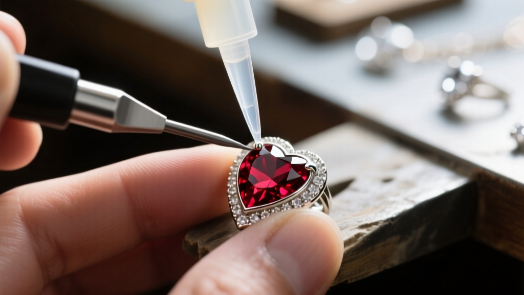 Macro shot of a jeweler applying clear epoxy to secure a loose red garnet stone in a silver heart bezel setting.