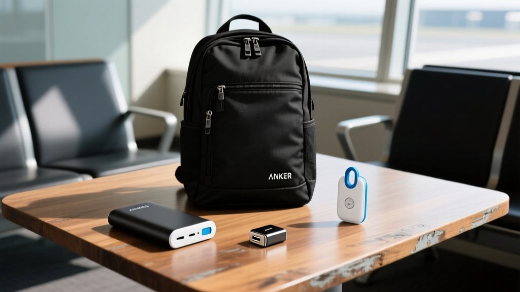 Flatlay of black travel backpack surrounded by Anker power bank, Samsung SmartTag2, and universal adapter on wooden airport lounge table.
