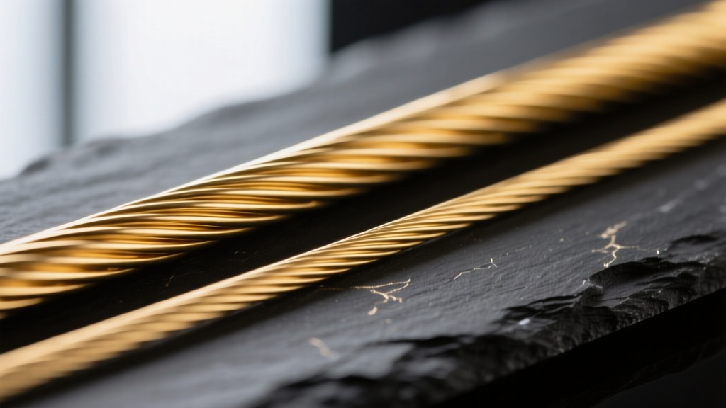 Close-up comparing 18-gauge and 20-gauge gold wire thicknesses for custom name pendants, placed on a dark slate background.