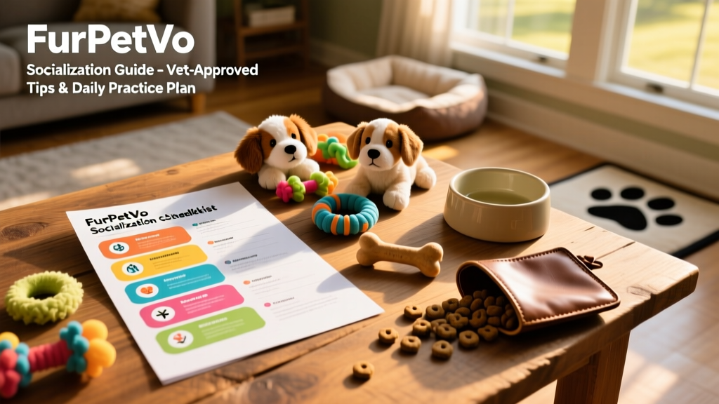 A colorful, printable FurPetVo socialization checklist laid out on a wooden table next to puppy toys and a treat pouch
