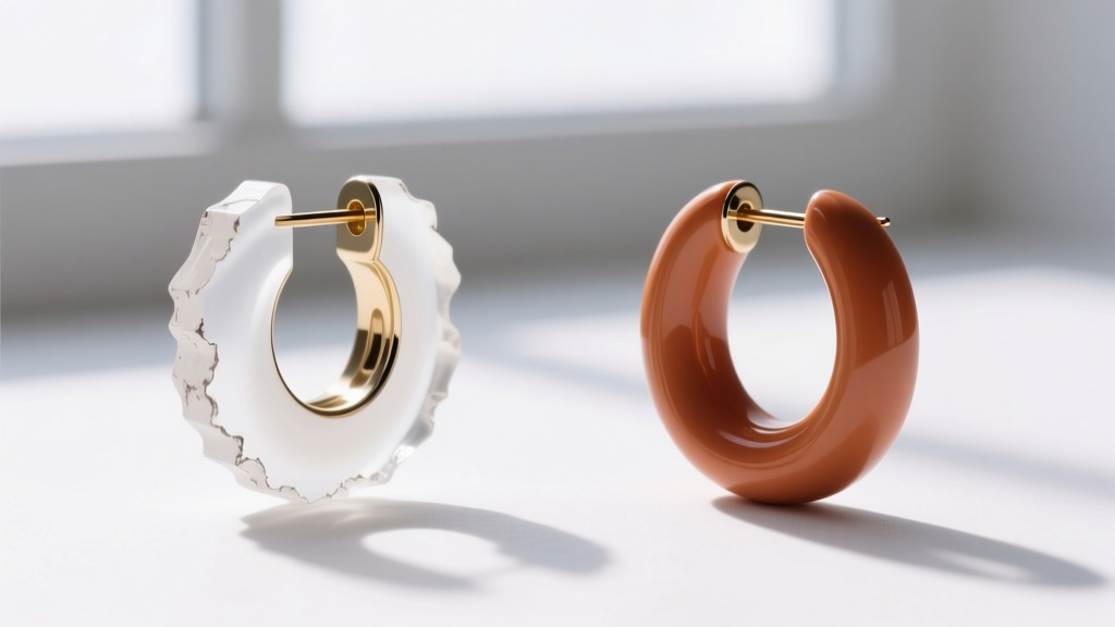 Comparison of mass-produced acrylic snack earring with rough edges next to hand-finished polymer clay with smooth, sealed bevel.