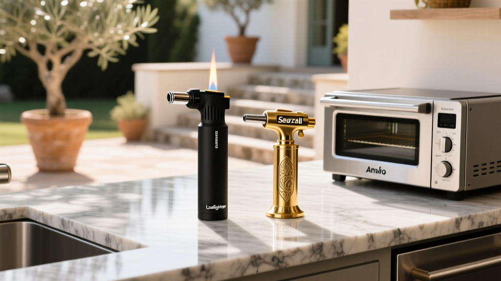 High-end outdoor kitchen counter featuring a black Looftlighter X, a brass Searzall torch, and a stainless Anova Precision Oven