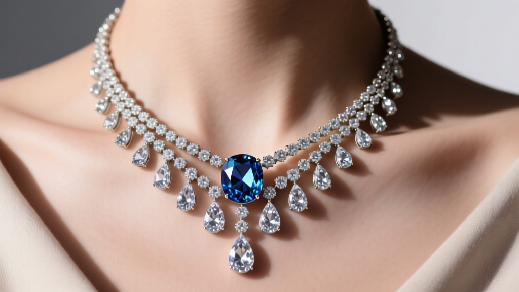 Close-up of a high jewelry cascade necklace with pear-shaped diamonds and a central massive gemstone resting on a bare collarbone.