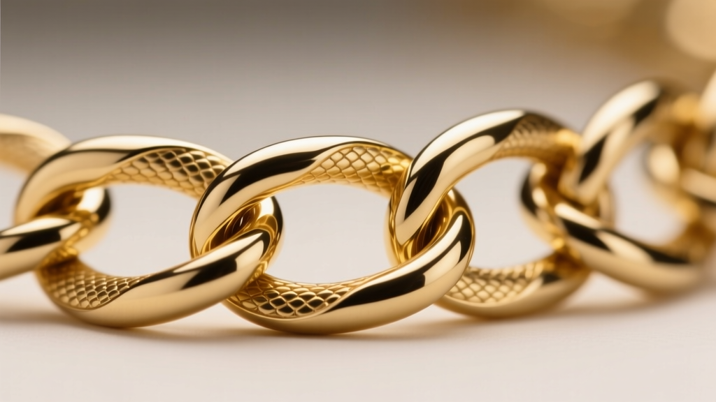 Macro shot of gold snake chain interlocking wavy rings, highlighting the seamless tubular structure and flexible metal hinge points