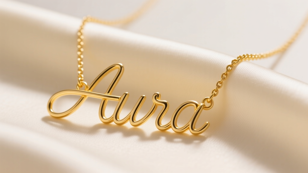 Macro shot of an 18k yellow gold wire name necklace spelling Aura on cream silk fabric under soft, diffused studio lighting.