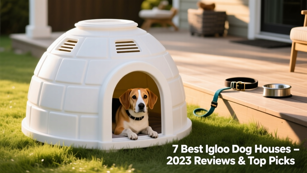 A sturdy outdoor plastic igloo dog house in white, placed on grass beside a patio, with visible ventilation openings near the roof