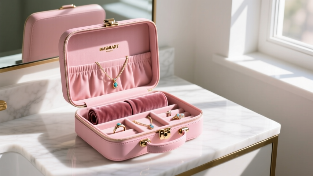 Open blush pink BAGSMART case on a marble vanity, showing velvet ring rolls and necklace clasps in bright morning light.