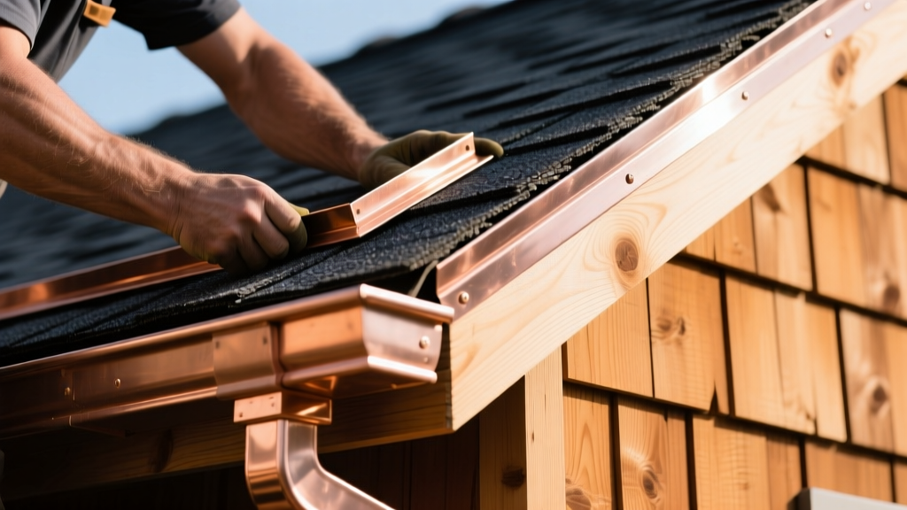 Close-up of a roofer installing copper step flashing and a kickout diverter where a dark asphalt shingle roof meets cedar clapboard siding