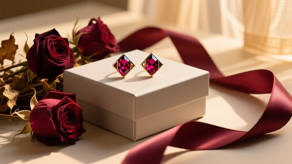 Flat lay gift box with bold geometric ruby stud earrings on dried roses and satin ribbon, warm ambient lighting, highly detailed