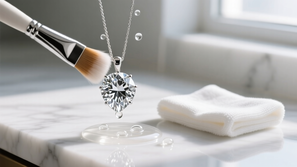 Soft brush cleaning a silver diamond pendant in warm soapy water, beside a microfiber cloth resting on a white marble countertop