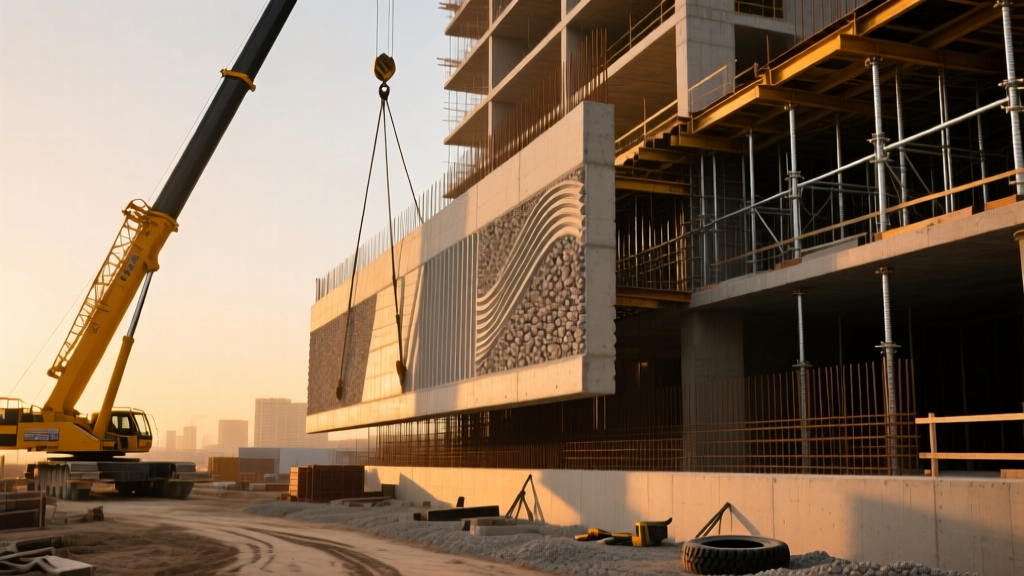 Crane lifting a large textured precast concrete wall panel into place beside steel rebar cages on a commercial site at sunrise.
