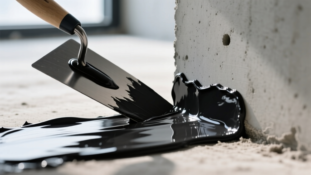Trowel applying thick black polyurethane waterproof shoe material to a concrete foundation wall-to-footing cove joint