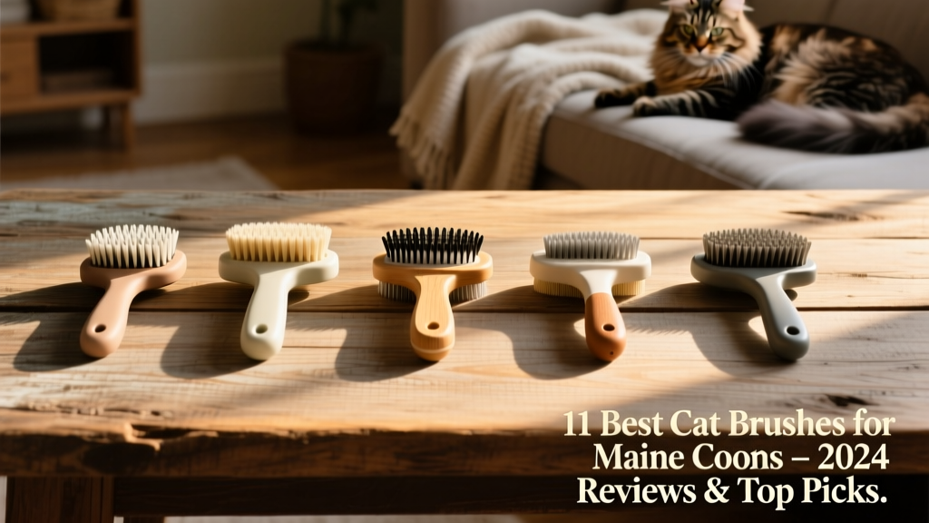 Side-by-side comparison of five popular cat brushes laid out on a wooden surface