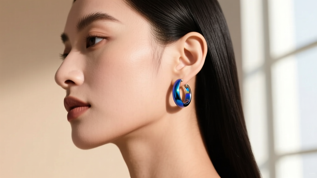 Side profile of a woman wearing 18-gauge niobium earring loops in an anodized blue finish against a soft neutral studio background.